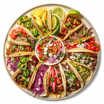 A platter of colorful tacos with various fillings like carne asada and grilled fish, isolated white background, classic art style