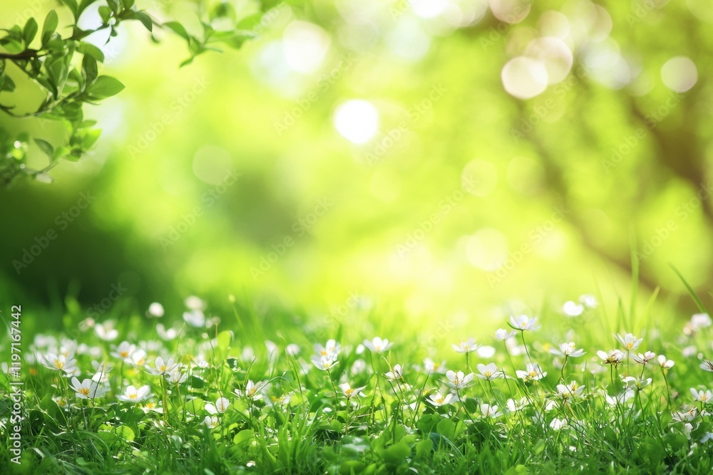 Aufkleber vibrant green meadow filled with delicate flowers and soft light under the trees during a sunny day 