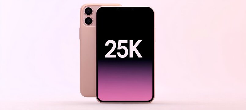 Rose Gold Smartphone, Pink Screen Displaying 25K Celebrating a Milestone Achievement.