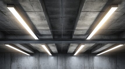 Industrial interior ceiling with modern LED lighting, emphasizing the contrast between the sleek lights and the rough concrete texture.