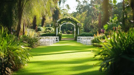 Enchanting Outdoor Wedding Venue Under Sunlit Archway Surrounded by Lush Greenery and Scenic Floral Arrangement