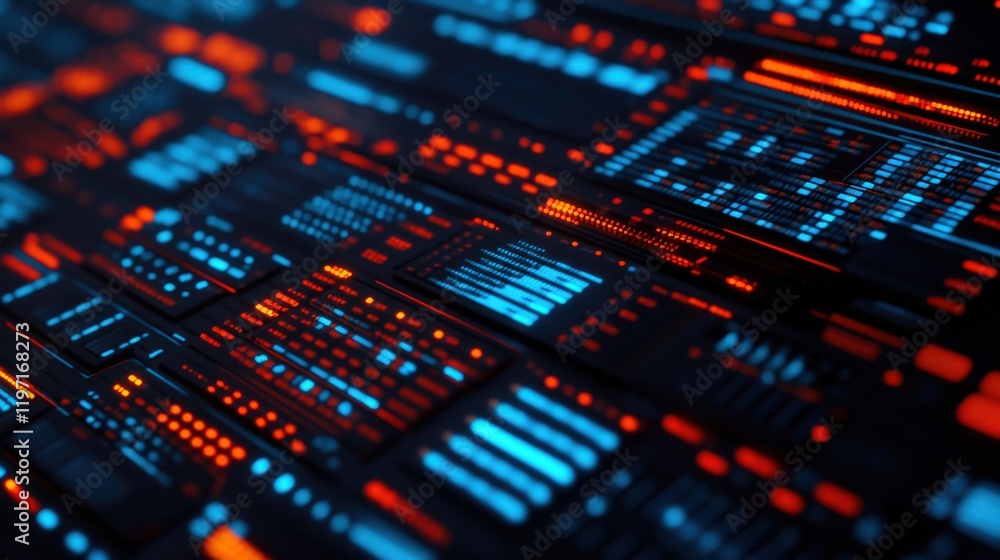 Poster high-tech digital data visualization with glowing blue and orange elements on dark background