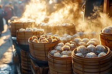Freshly steamy dumplings being served at a bustling street market during golden hour