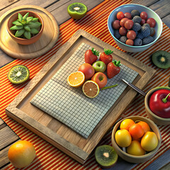 A Rustic Tabletop Setting with Fresh Fruit and a Checkered Placemat.