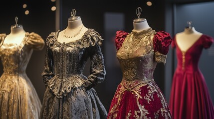 Obraz premium A collection of exquisite medieval gowns is showcased in a museum exhibition, their rich fabrics, intricate embroidery, and ornate detailing reflecting the elegance of the era.