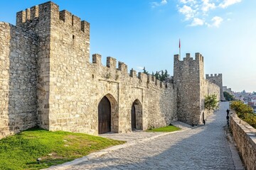 Stone wall with turrets, arches, and bricked road.
