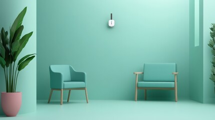 Modern Minimalist Living Room with Turquoise Walls, Stylish Chairs, and Decorative Greenery in Contemporary Design
