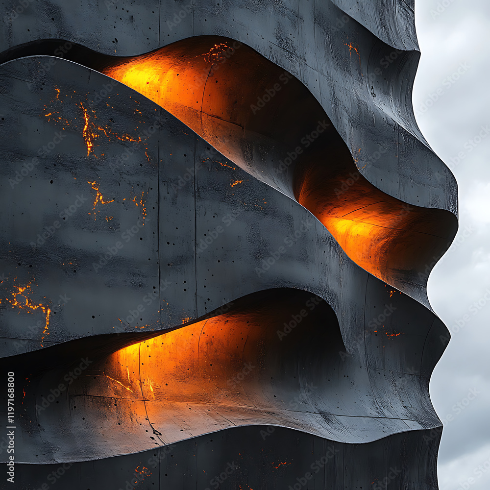 Poster close up of abstract shapes and forms with glowing orange highlights on textured black surface, crea