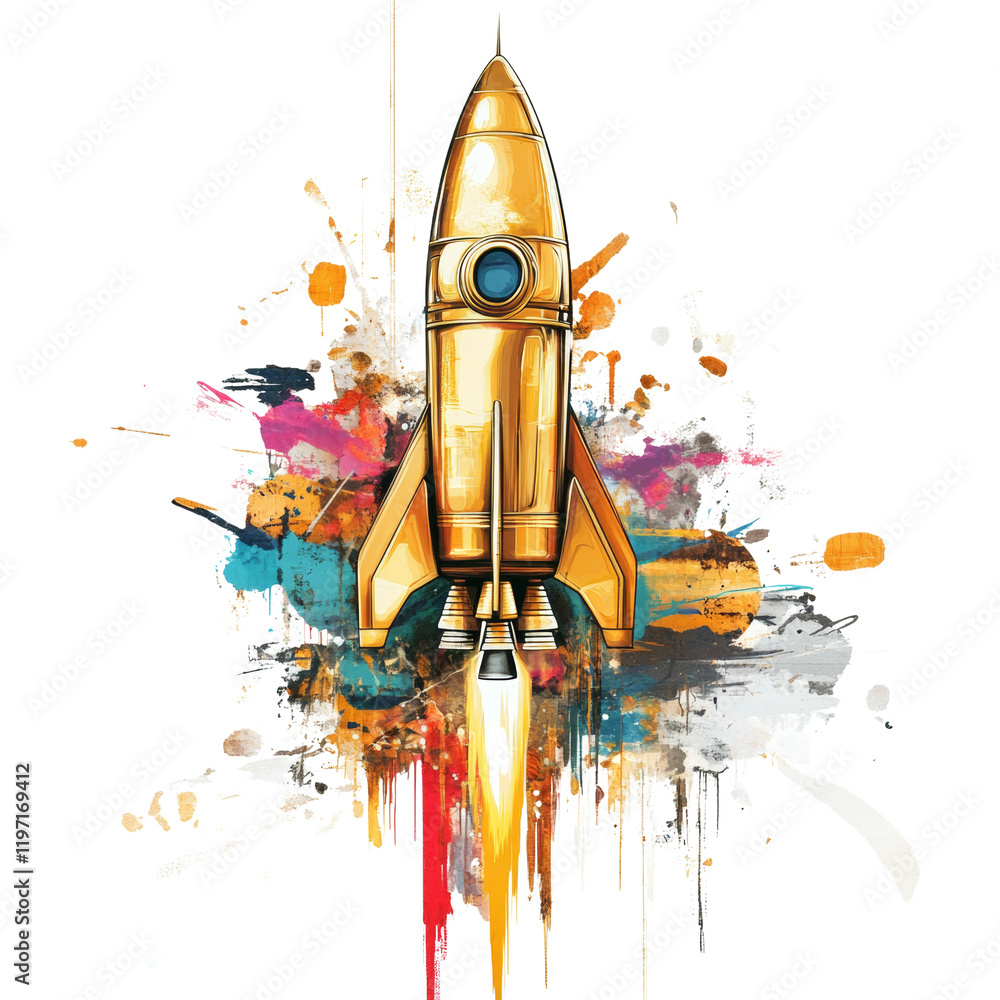 Aufkleber a stylized golden rocket ship blasts off against a backdrop of vibrant abstract paint splatters symb