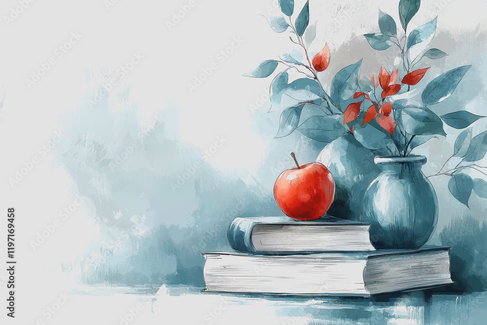 Aufkleber vibrant vase of apples surrounded by open books on a rustic table creating a cozy and inviting atmos