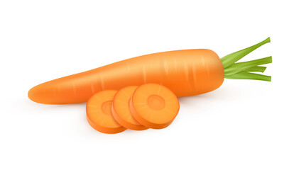 Carrot whole ingredient, isolated realistic slices for cooking dish. Vector organic natural product for dieting and nourishment. Cuisine products for healthy lifestyle, crunchy and sweet taste