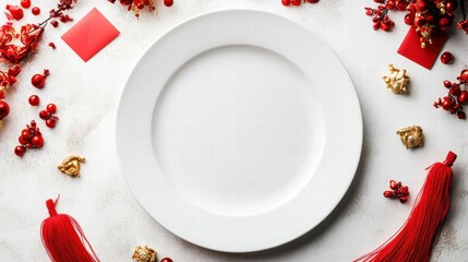 Celebrating Chinese New Year A White Plate Centerpiece Festive Background Food Display Cultural Environment Traditional Viewpoint