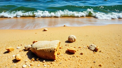 beach and sea scene. Strong, hard light creates harsh shadows. Small subject details are emphasized, rich textures and visible