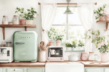 A dreamy watercolor depiction of a cozy retro kitchen, featuring a pastel-colored fridge, lace curtains, and sunlight filtering through the windows
