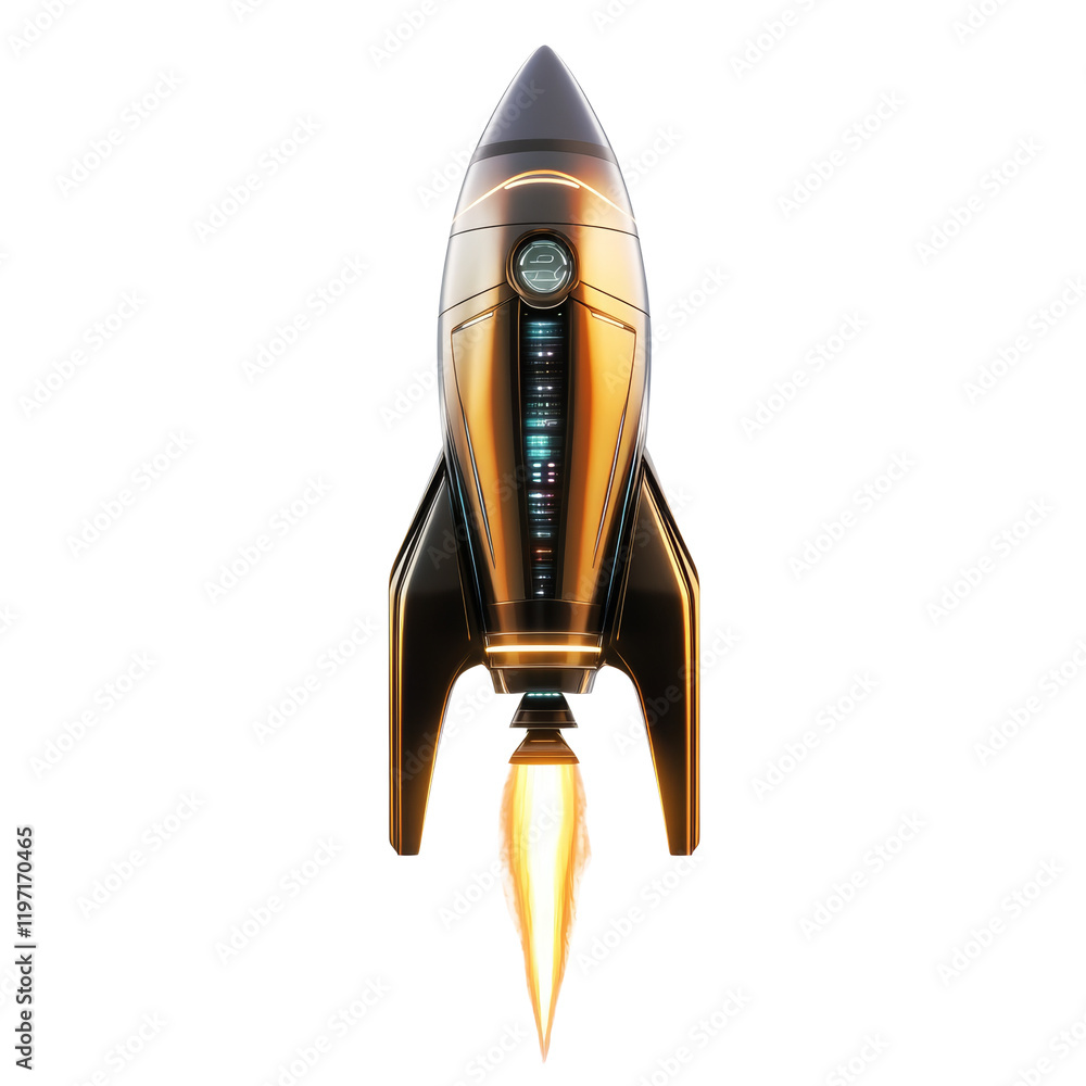Poster a sleek golden rocket ship with illuminated details is shown launching into space leaving a fiery tr