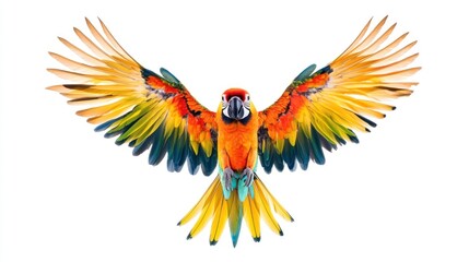 Obraz premium Colorful sun conure parrot, wings slightly spread, isolated against a white background.