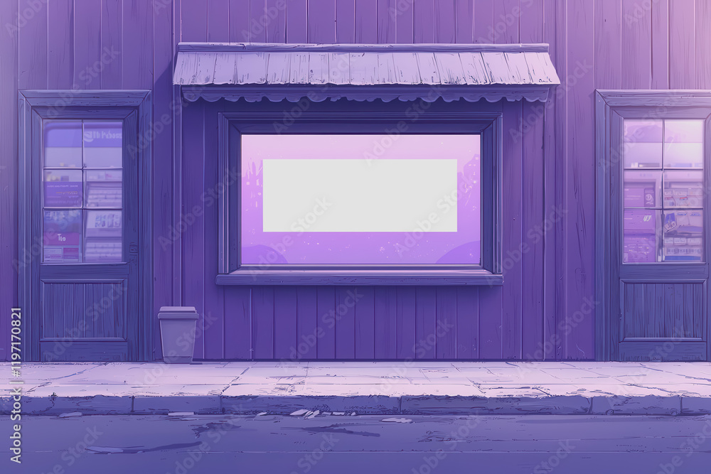 Poster purple building with large window and eye-catching sign in urban setting architectural design modern