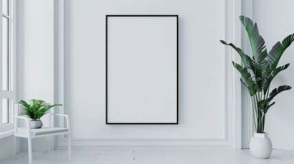 Minimalist interior with blank empty poster on wall, clean and elegant
