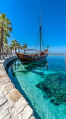 Obraz premium Wooden Sailboat in Turquoise Waters