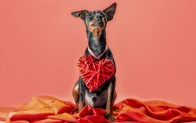 little curious puppy miniature pinscher with heart valentines day decor