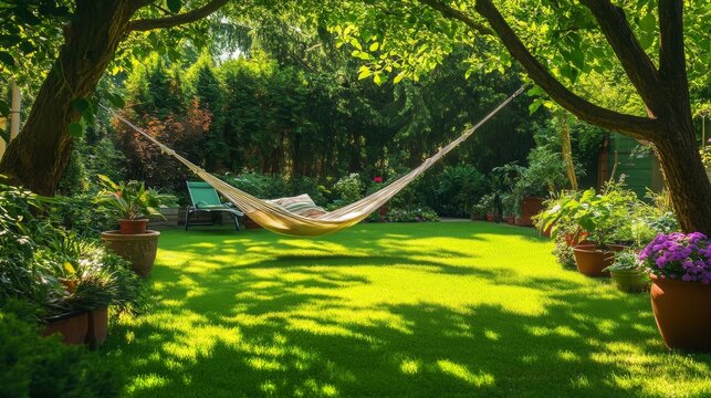 Tranquil Backyard Retreat with a Hammock Nestled Amongst Lush Greenery and Blooming Flowers