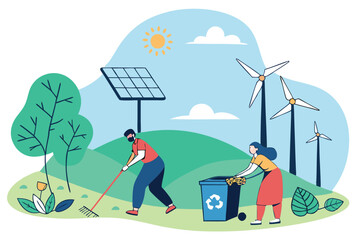 Fototapeta premium Eco-friendly landscape, sustainable energy icons, cartoon people, solar panels, wind turbines, recycling bins, gardening, clean energy symbols, flat illustration style, vibrant colors, blue sky, green