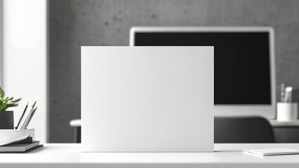 Obraz premium Minimalist workspace featuring a blank canvas on a desk with a computer and greenery