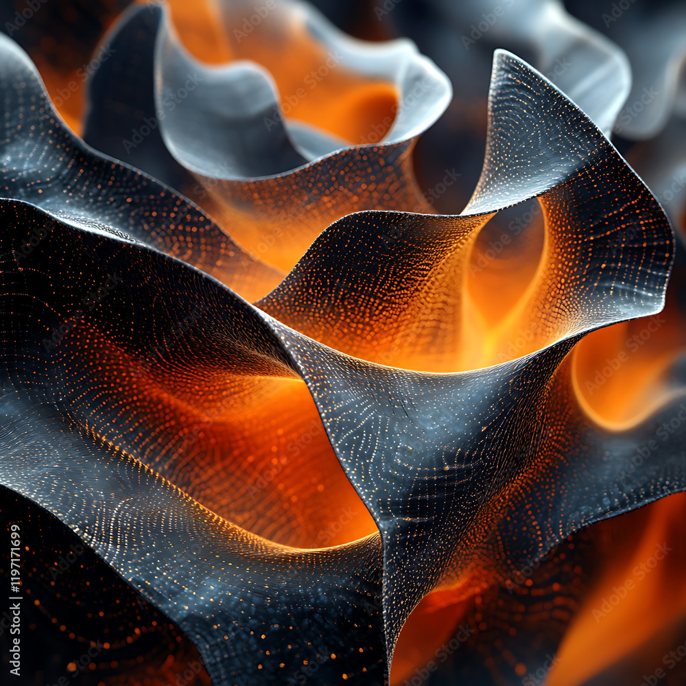Poster abstract shapes with glowing orange and black textures create dynamic visual experience, resembling 