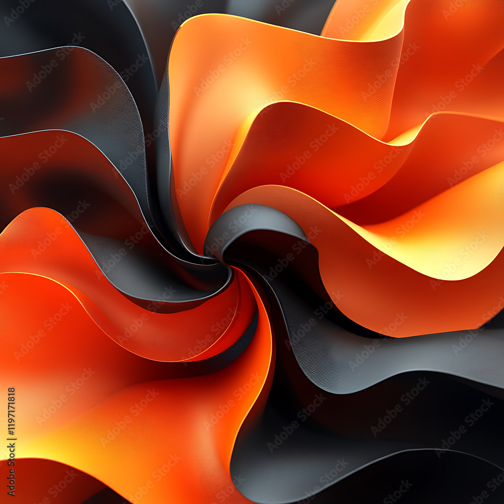 Poster abstract shapes in vibrant orange and black colors create dynamic swirl, showcasing fluid motion and