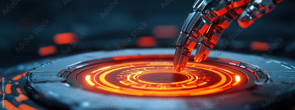 Poster futuristic robotic hand interacting with circular neon interface display in high-tech environment