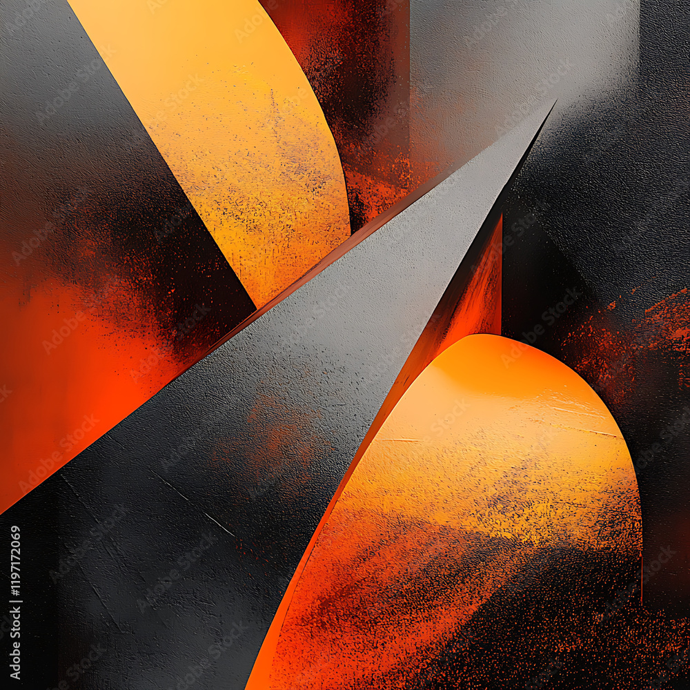 Poster abstract composition featuring sharp angles and vibrant orange accents against dark background, crea