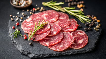 Delicious Slices of Salami with Rosemary and Spices on a Dark Stone Plate