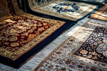 Many ornate patterned rugs piled atop each other.