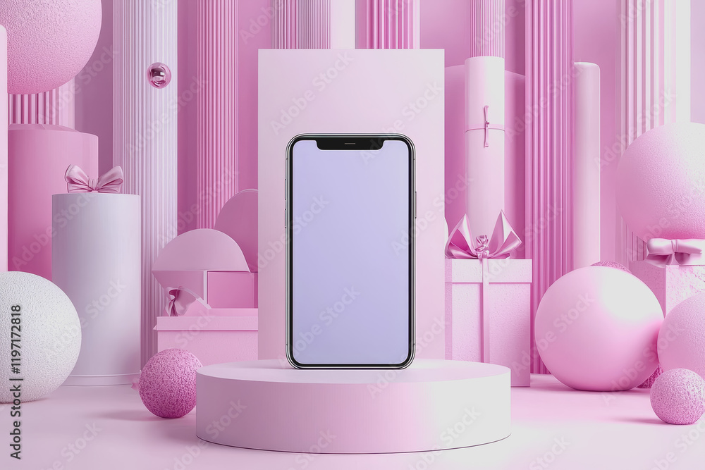 Aufkleber pink smartphone on a pedestal surrounded by pink spheres creating a vibrant and playful composition 