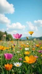 Obraz premium wildflowers blooming in a colorful meadow with pink, yellow, and white blossoms under a bright blue sky with scattered clouds. concept of nature photography, eco tourism, and seasonal design.
