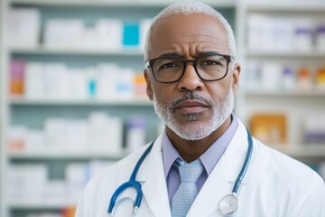Experienced doctor in a clinic with a serious expression, offering healthcare advice in a well-stocked pharmacy environment