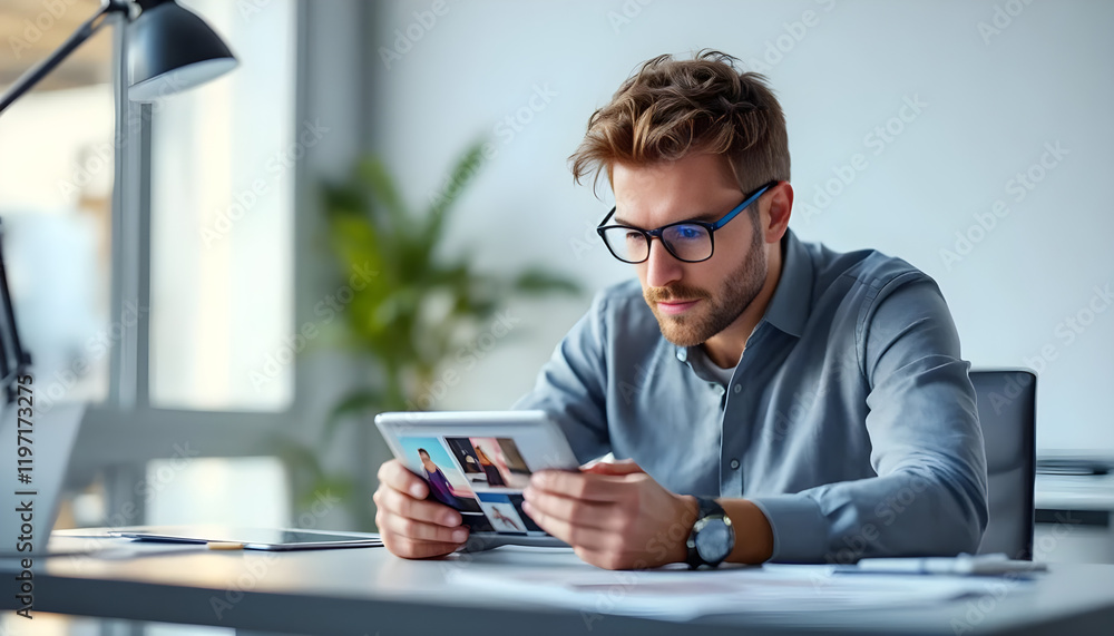 Poster focused young businessman using tablet computer in modern office workspace reviewing digital documen