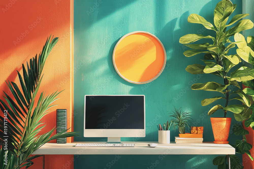 Poster computer on a desk with a green plant in front of it modern workspace setup minimalist design home o