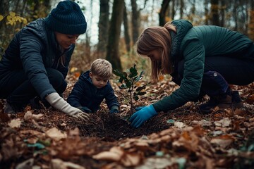 Joyful moments of planting trees with family in the serene autumn forest