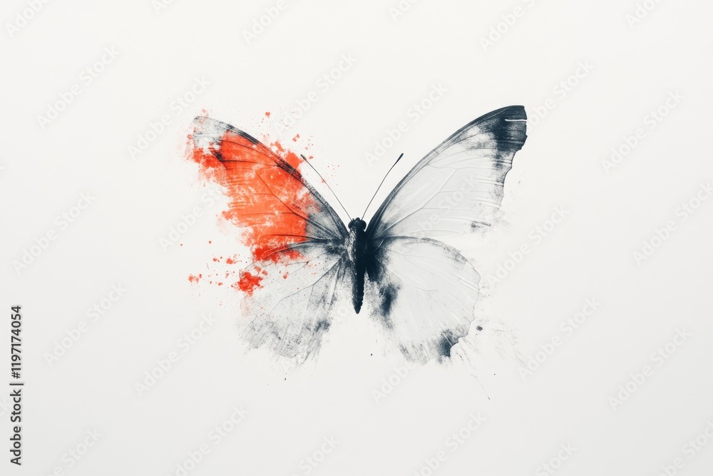 Poster a flat design of a butterfly with one wing slightly torn, drawn with muted colors and soft outlines 