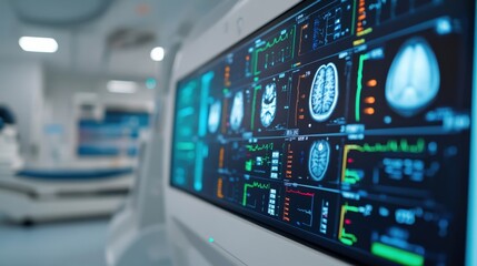 Obraz premium Advanced Medical Monitor Displaying Brain Scan and Vital Signs in Modern Healthcare Facility Setting