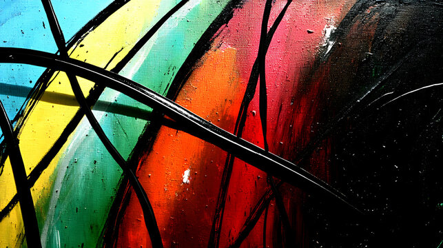 Energetic, chaotic layers of bold paint and striking lines intersecting in a harmonious abstract balance 