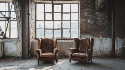 The distressed charm of vintage leather armchairs adds warmth to the stark setting of an abandoned loft, where exposed brick and industrial elements create a gritty yet nostalgic atmosphere.