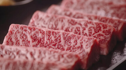 Close-up of Marbled Wagyu Beef Slices Ready for Grilling