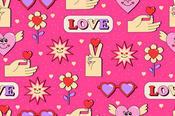 Seamless pattern Valentine's Day. Objects about love on pink background. lements in retro groovy style. Love text, glasses, heart with wings, flower, sun, hand with heart. Vector illustration.