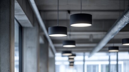 Modern LED lights hanging in an industrial building, with a focus on the concrete ceiling texture, blending modern and industrial design.