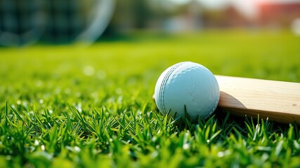 Cricket Ball on Bat, Green Pitch, Close-up, High-Quality Photo,  Bright Colors,  Professional Shot