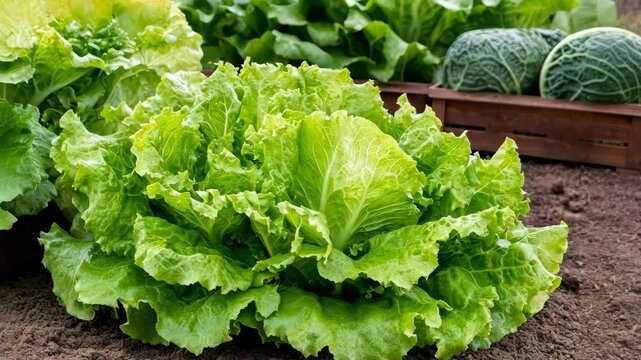 Bright green romaine lettuce is being harvested in a lush garden under the warm afternoon sun, showcasing fresh produce