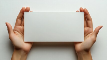 Hands Holding a Blank White Card with Neutral Background