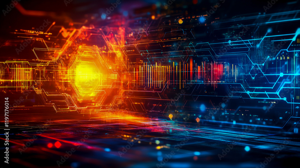 Poster futuristic abstract digital background with vibrant colors, dynamic patterns, and a sleek modern des